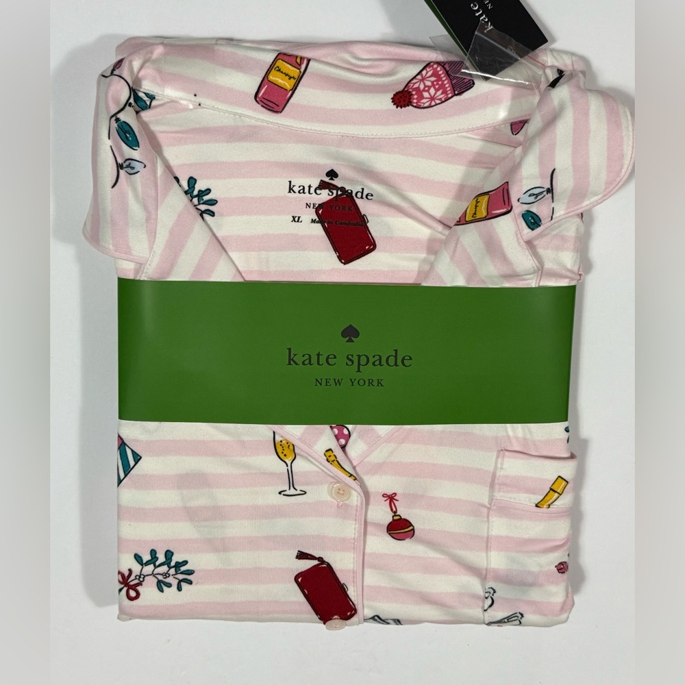 Kate Spade L Pink/White Strip 2 Pc Long Sleeve Notch Collar PJ Set TikTok TJMaxx